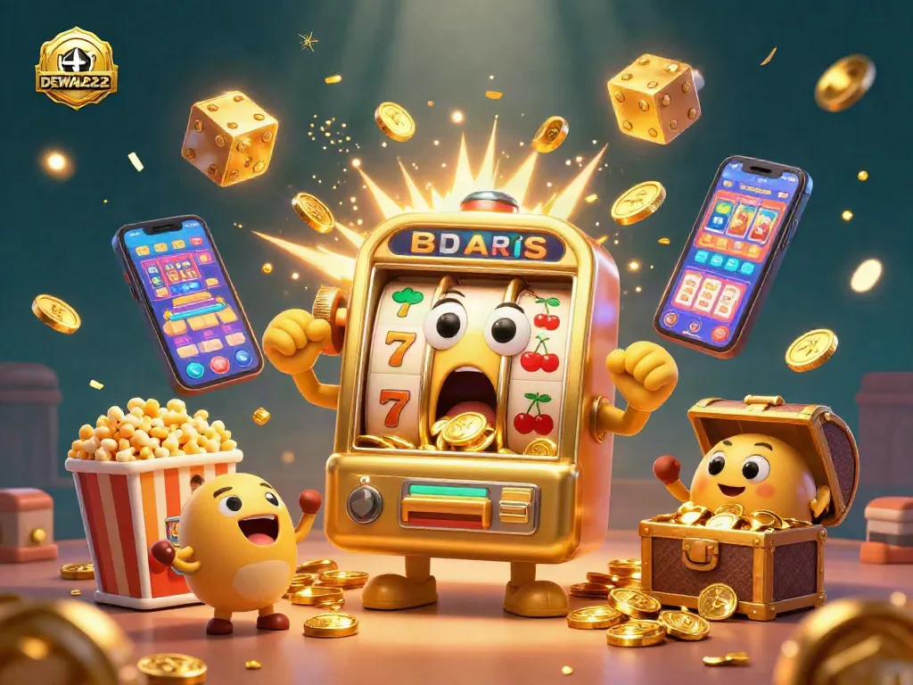 Celebrate big wins with DEWA222 as golden slot machines hit jackpots amidst a vibrant casino scene.