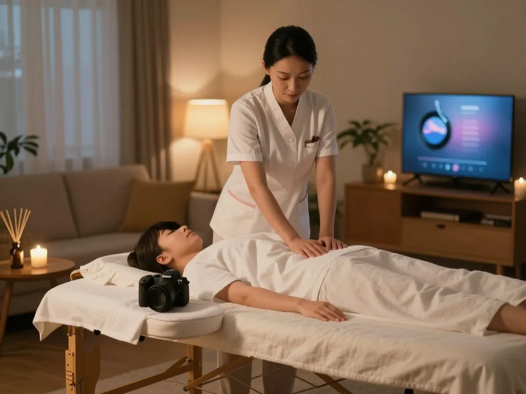 부천 출장마사지 in a serene home setting with a therapist preparing for a session.