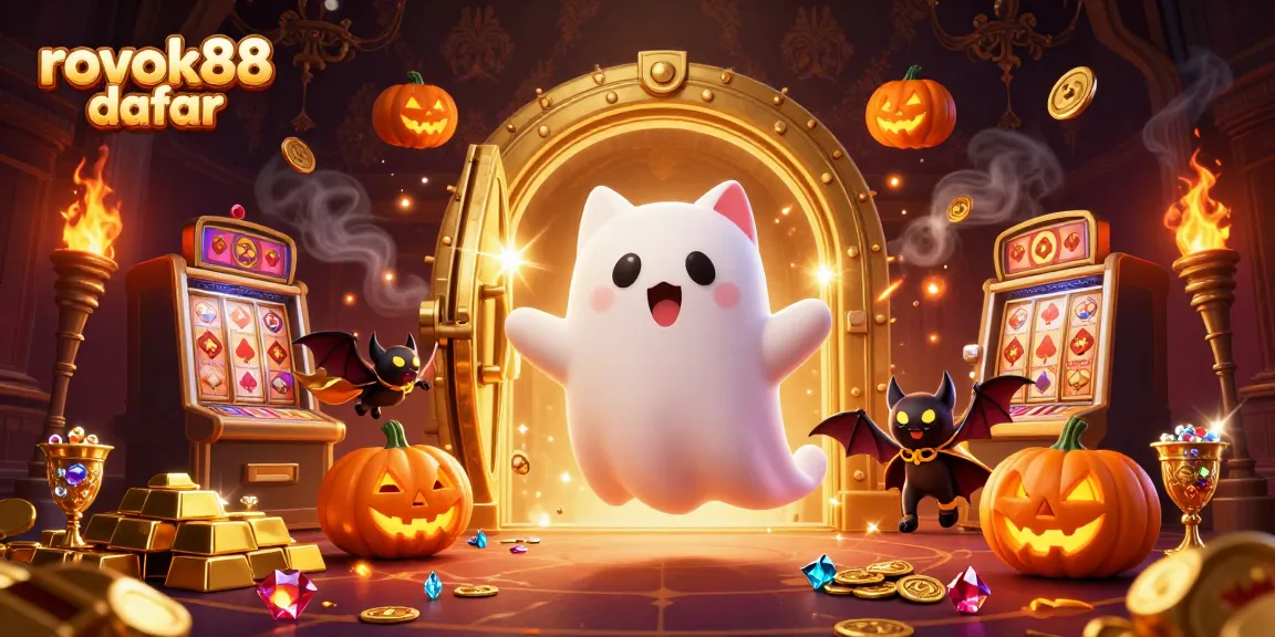 Experience rokok88 daftar with a fun cartoon scene featuring a ghost cat and gold treasures.
