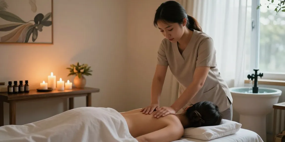 논현동마사지 스웨디시 테라피를 받는 고객과 마사지 치료사 장면, 아늑한 환경이 조성된 휴식 공간