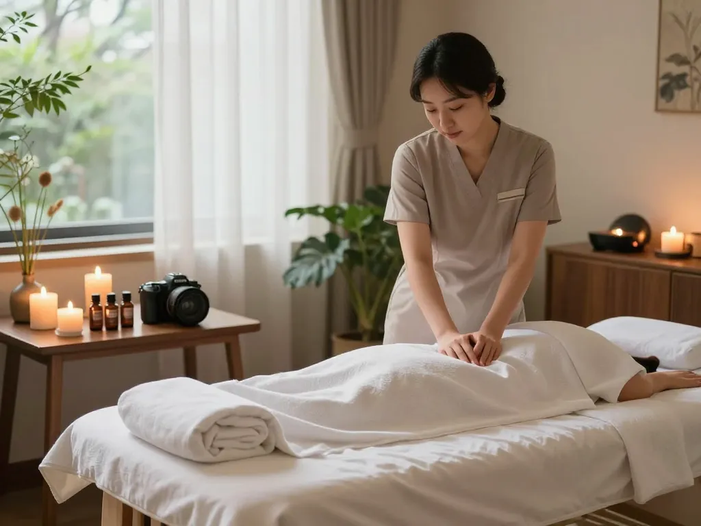 Relaxing 동대문스웨디시 massage therapy room with soothing ambiance and greenery.