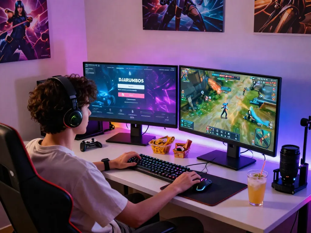 Gamer engaging with DJARUMBOS LOGIN page on dual monitors in energetic gaming setup.