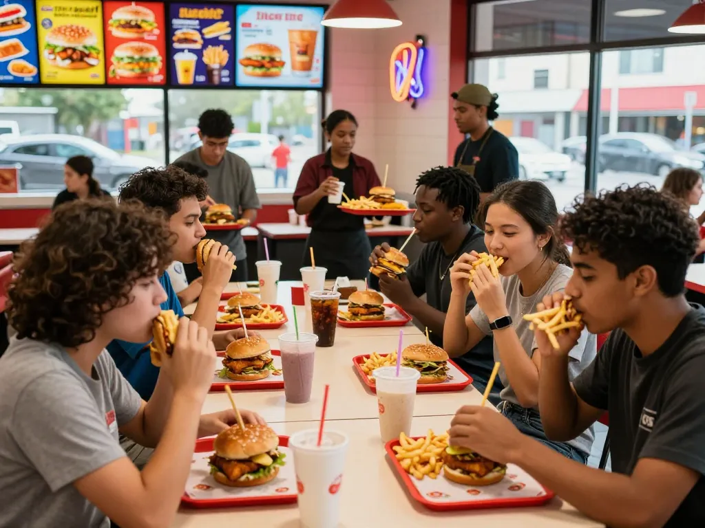 Exciting fast food menu experience with friends enjoying classic burgers and fries in a lively restaurant.