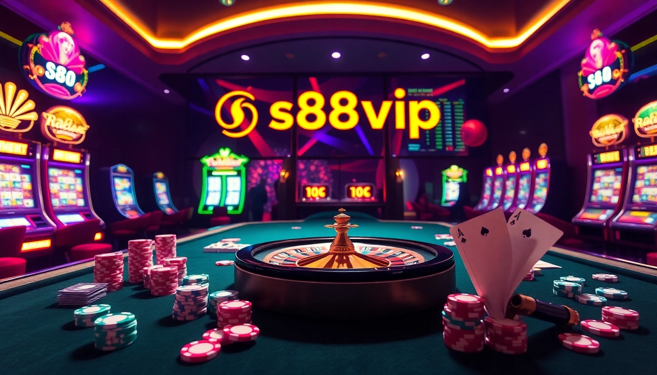 S88vip poker players engaging at a vibrant casino table filled with chips and cards.