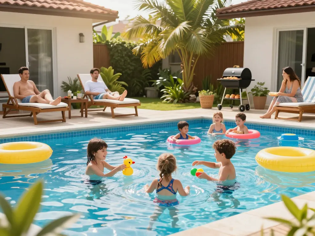 Dolphin Pool Services creating a relaxing family atmosphere around a backyard pool with kids playing and adults lounging.
