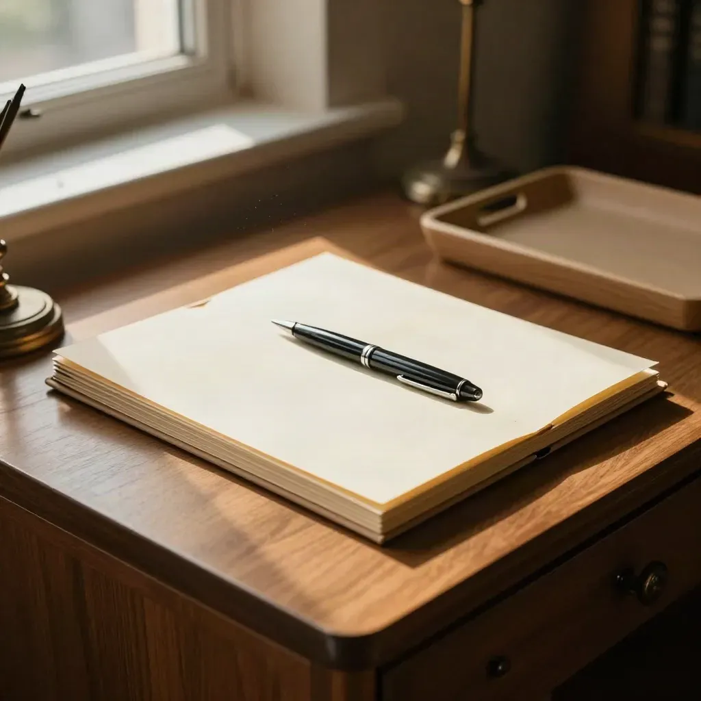 Cream policy folder, capped pen and oak tray in warm afternoon light on a cozy sideboard.