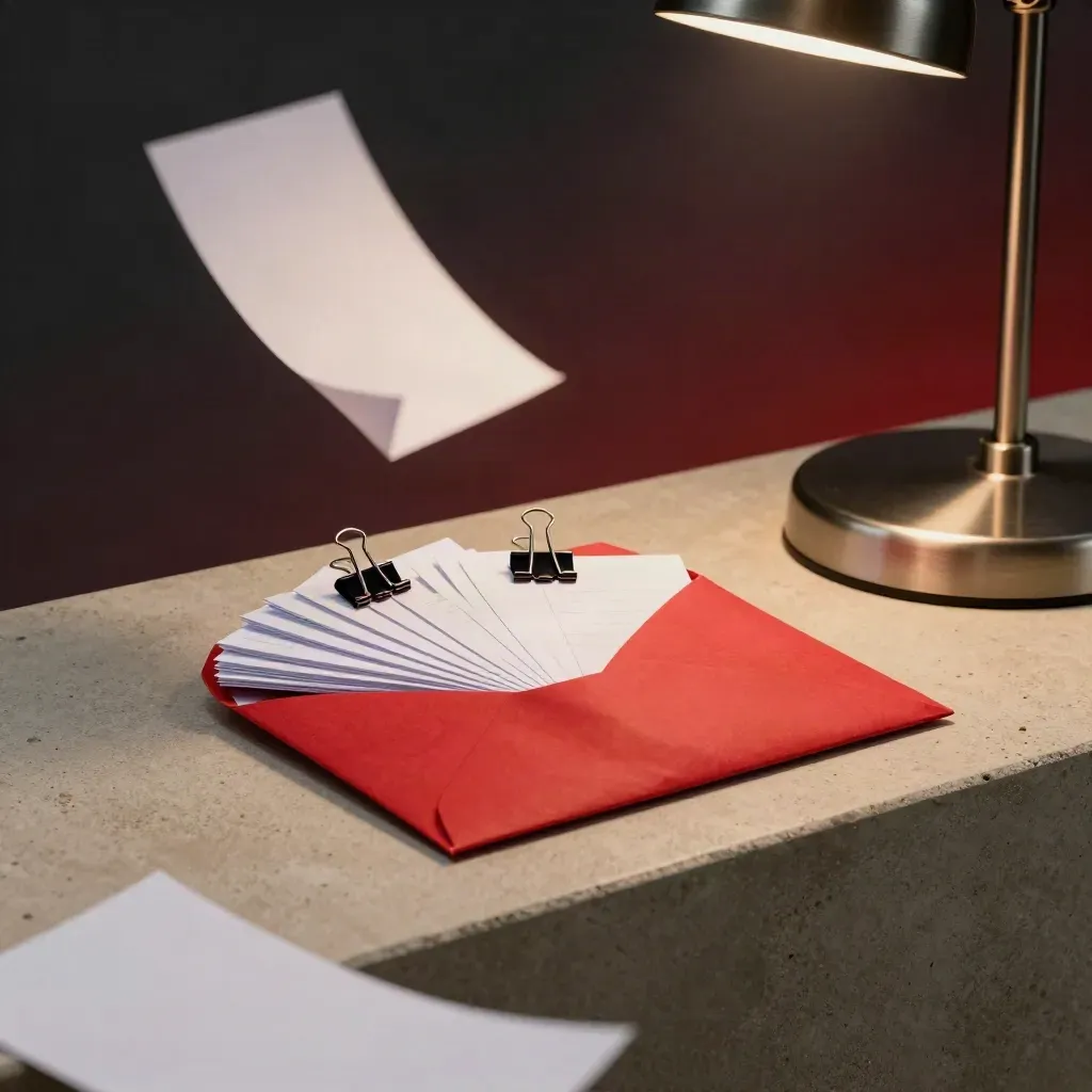 Crimson evidence envelope, fanned note cards, binder clips and lamp base on a concrete ledge
