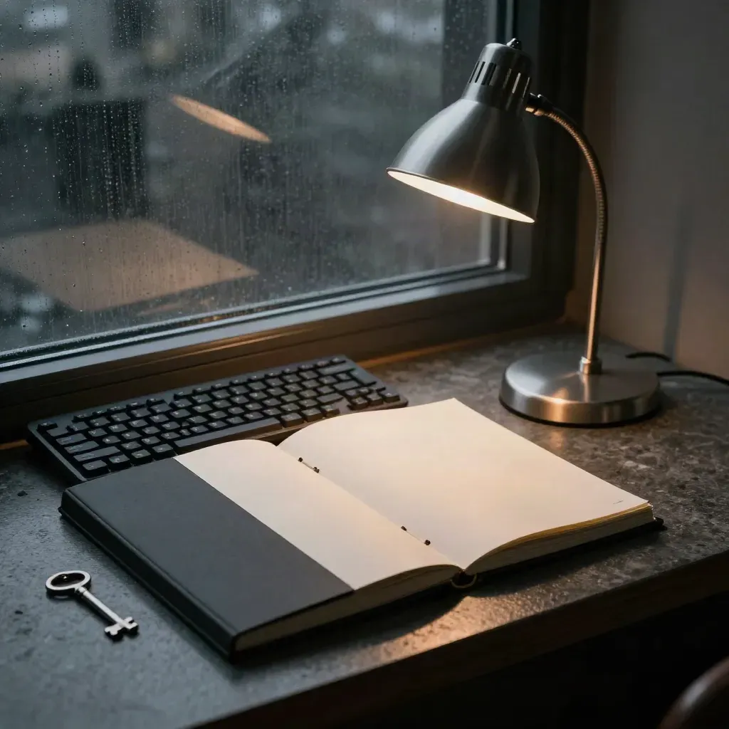 Matte-black policy binder under dusk light beside an angled keyboard and desk lamp, with rain on glass.