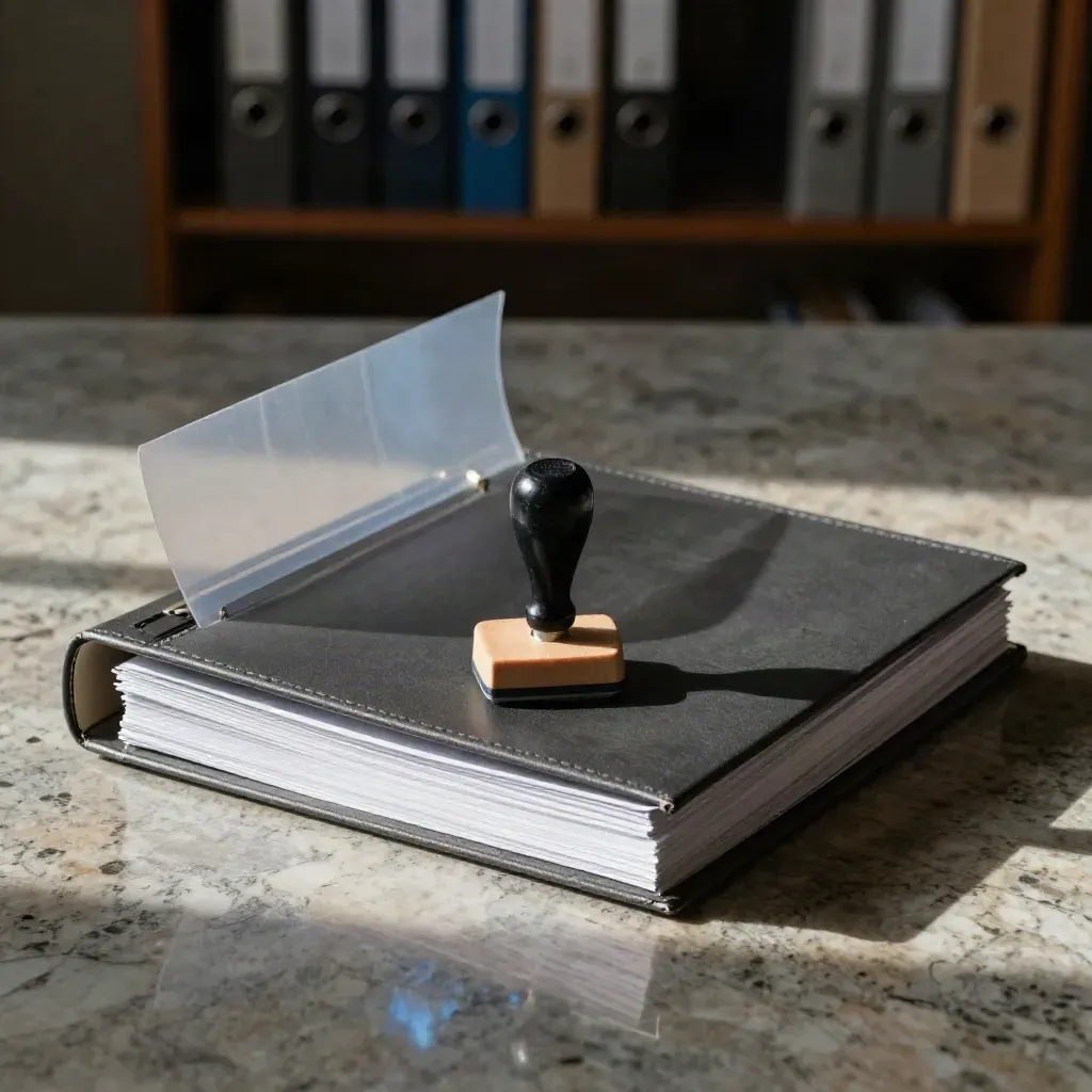 Top-down legal compliance binder, translucent sleeves, rubber stamp, on a stone desktop