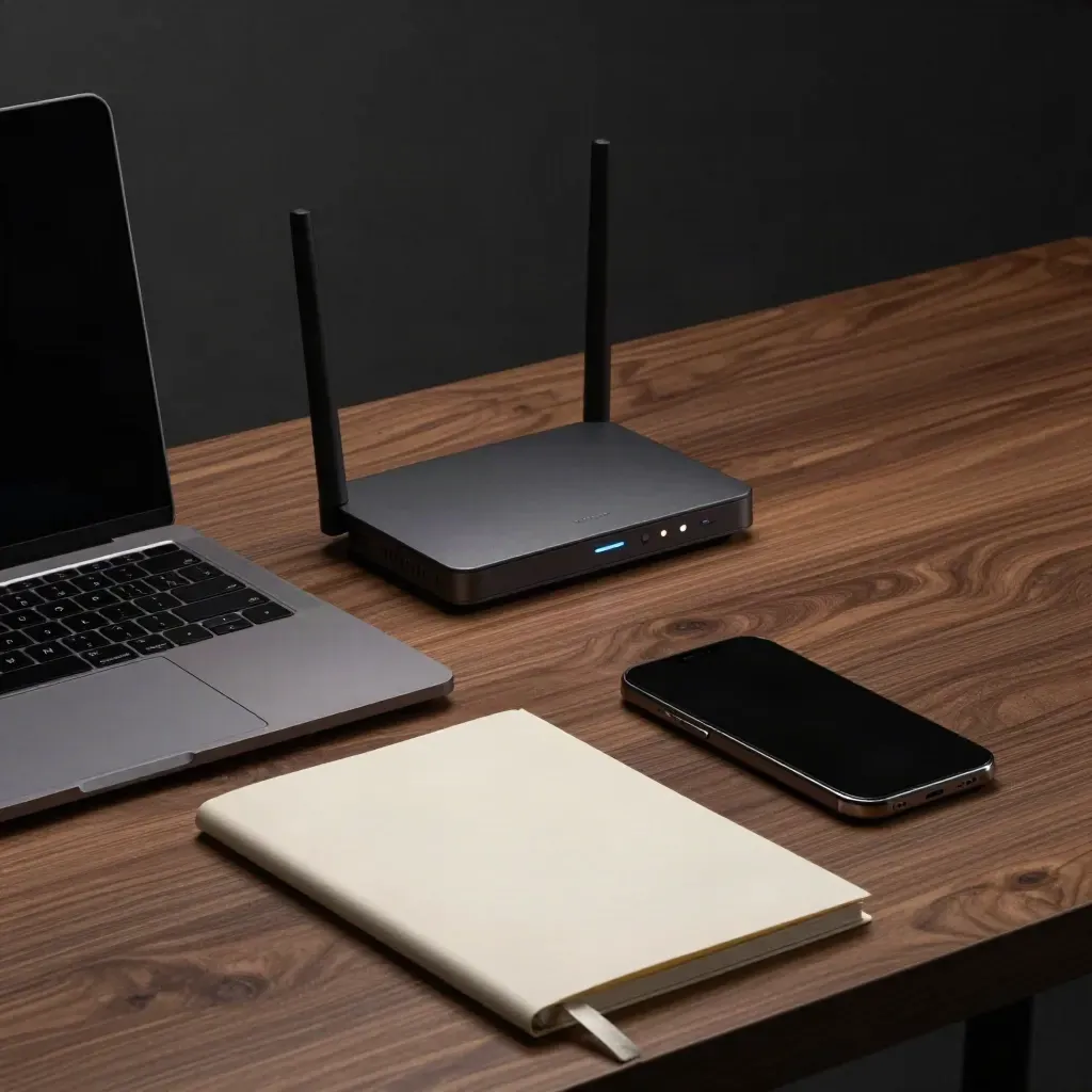 Closed laptop beside router, phone, and privacy binder on a walnut surface.