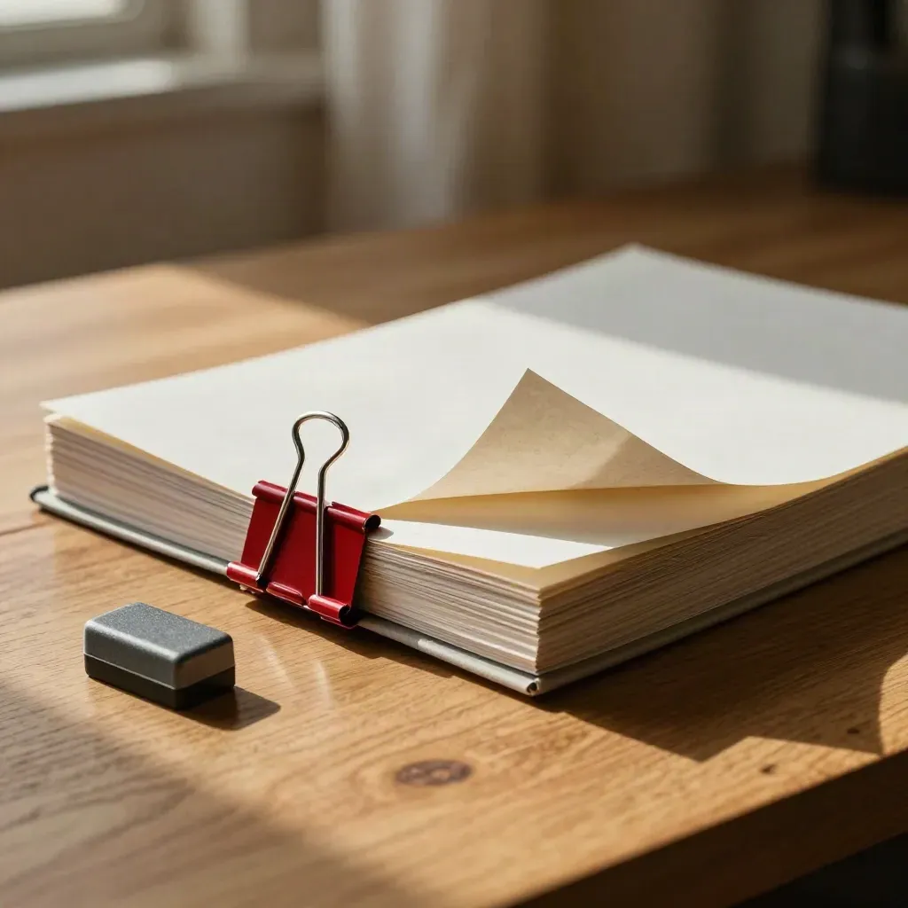 Sunlit legal review pages curl under a crimson tab and steel paperweight on a warm oak table.