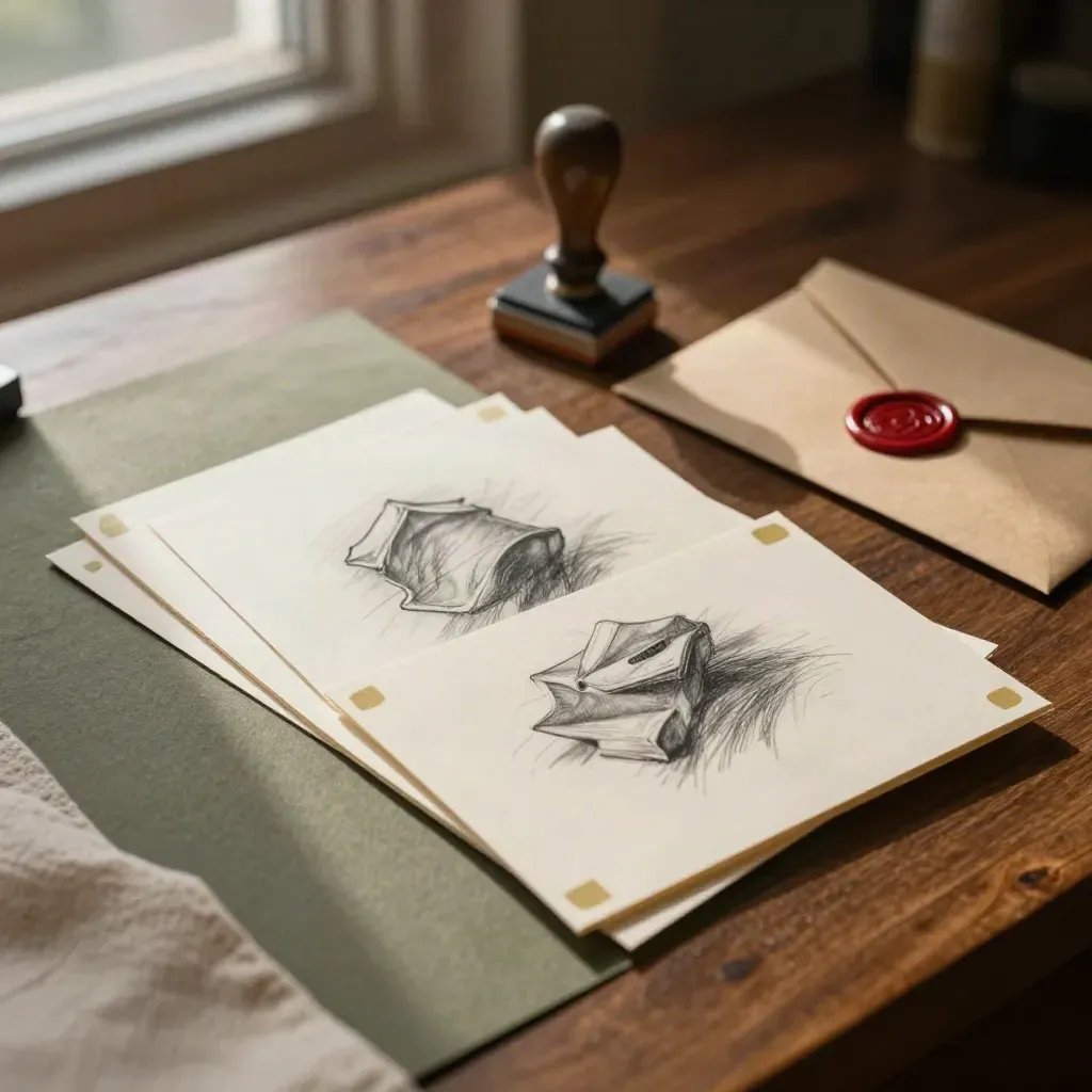 Legal naming cards, stamp, and sealed envelope on a warm desk in morning light