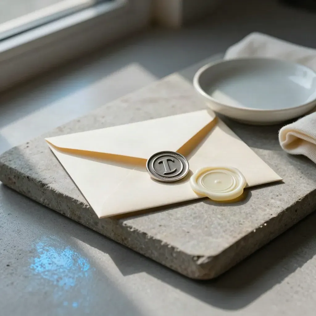 Copyright token on a sealed envelope, wax disc, and cloth on a stone tray.