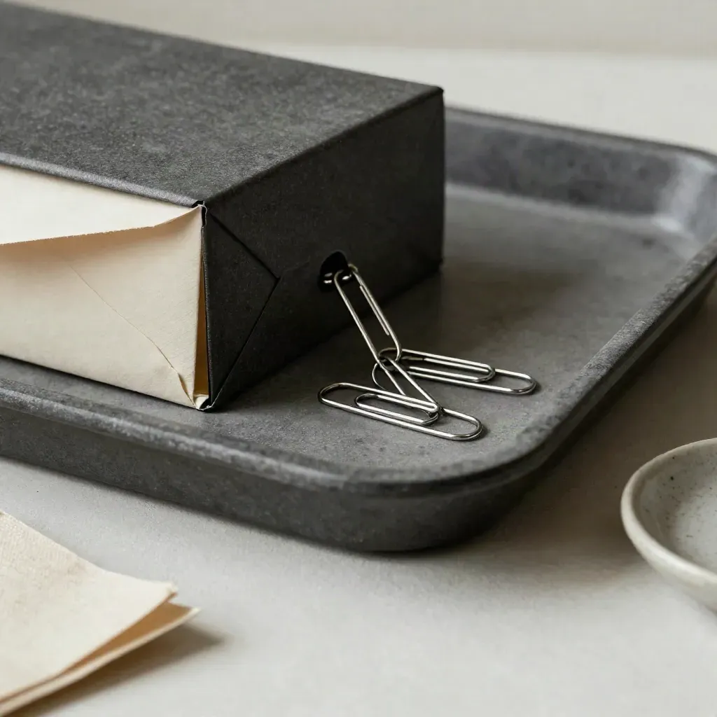 Torn envelope edge, file box, and paperclip chain on a matte tray in cool shadow.