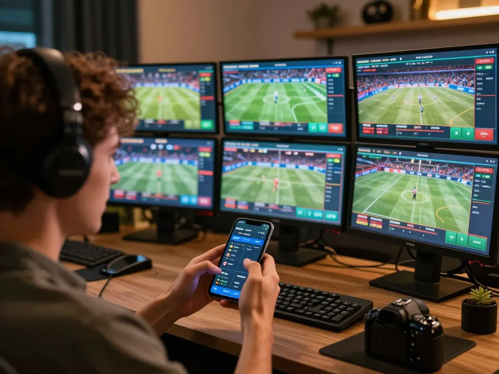 Engaging in dynamic sports betting through link rr88 on a smartphone amidst a vibrant online atmosphere.