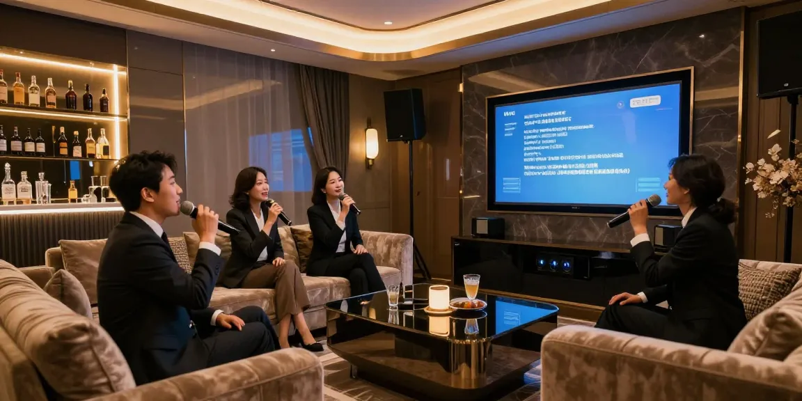 강남쩜오에서 프리미엄 도어를 열고 세련된 분위기에서 노래를 부르는 고급스럽고 프라이빗한 공간의 모습