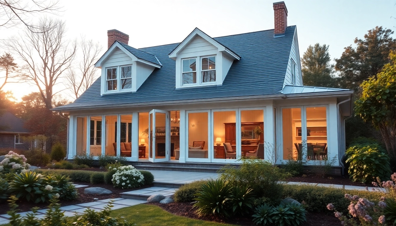 Showcasing a stunning cape cod home addition with large windows and landscaped garden.