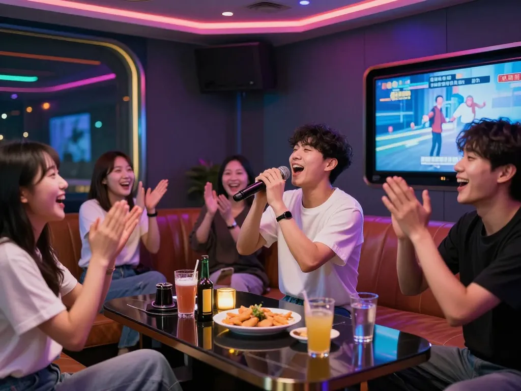 활기찬 분위기 속에서 친구들과 함께 부평쓰리노의 개인 노래방을 즐기는 모습.