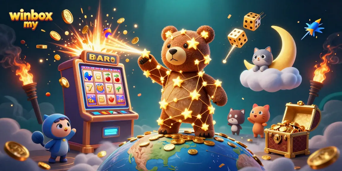 Winbox my offers a vibrant casino world with a constellation bear scooping coins from a slot machine.
