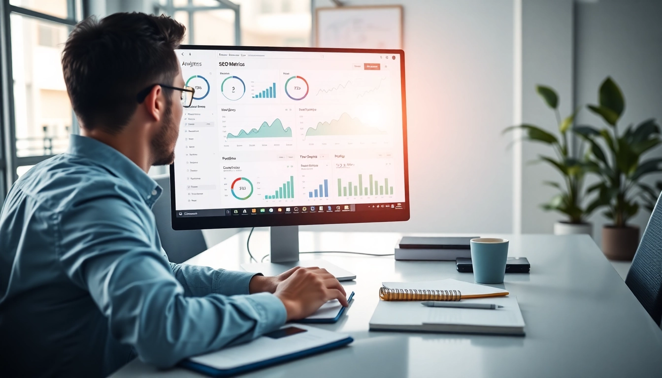 Analyze SEO Rank Tracker data with detailed metrics on a computer screen in a modern office.