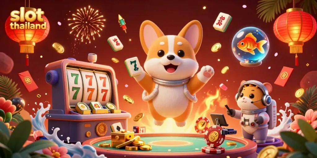 Experience the excitement of slot thailand with a vibrant 3D illustration of a corgi astronaut in a space casino.