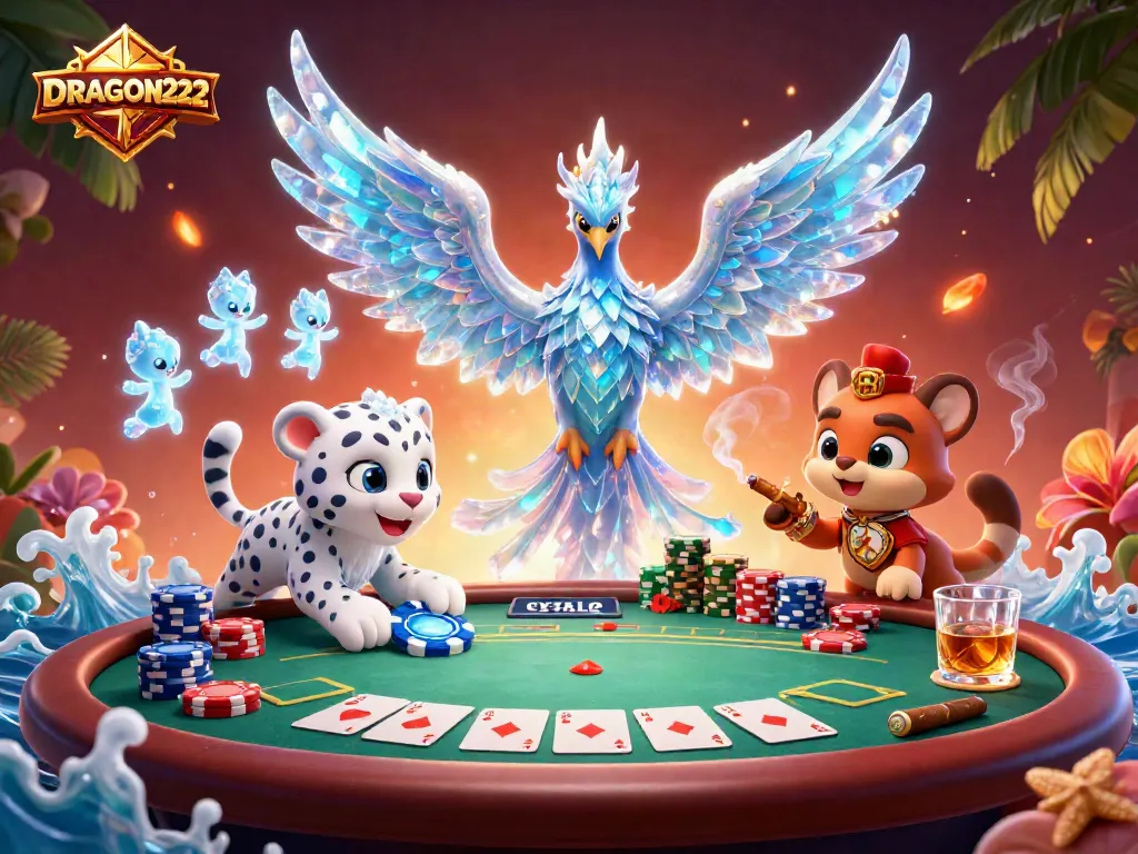 Engage in DRAGON222's thrilling gameplay with a 3D illustration showcasing vibrant casino elements.