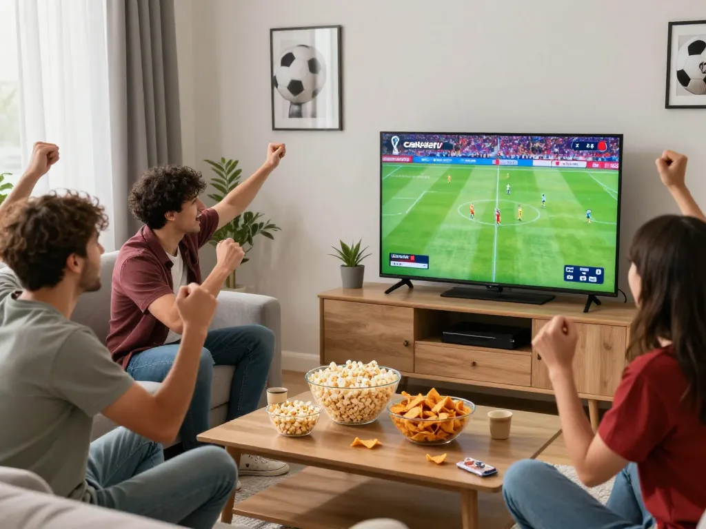 Friends enjoying football on Cakhiatv in a lively living room.