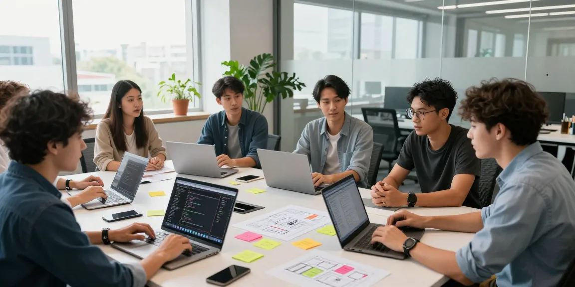 Team brainstorming in a modern office while discussing 纸飞机下载 and project ideas.