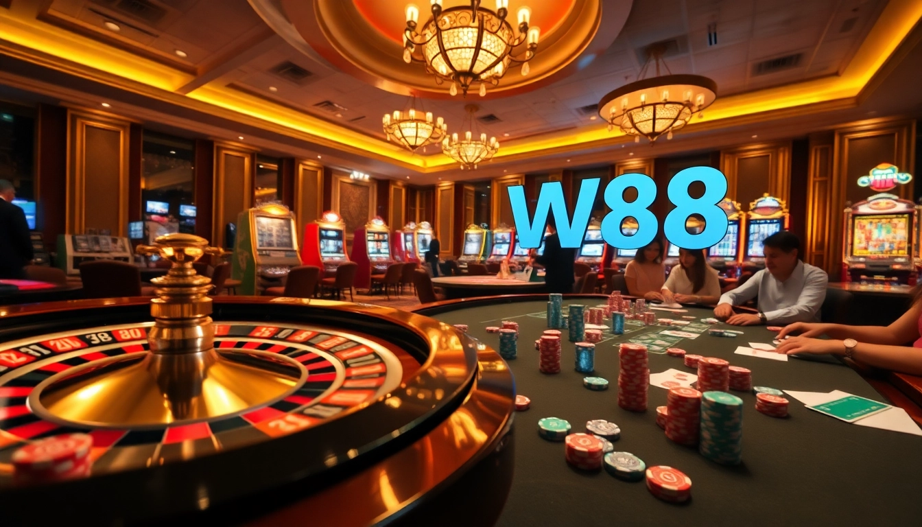 Experience the excitement of gambling at W88 link with stunning casino visuals featuring roulette and poker elements.