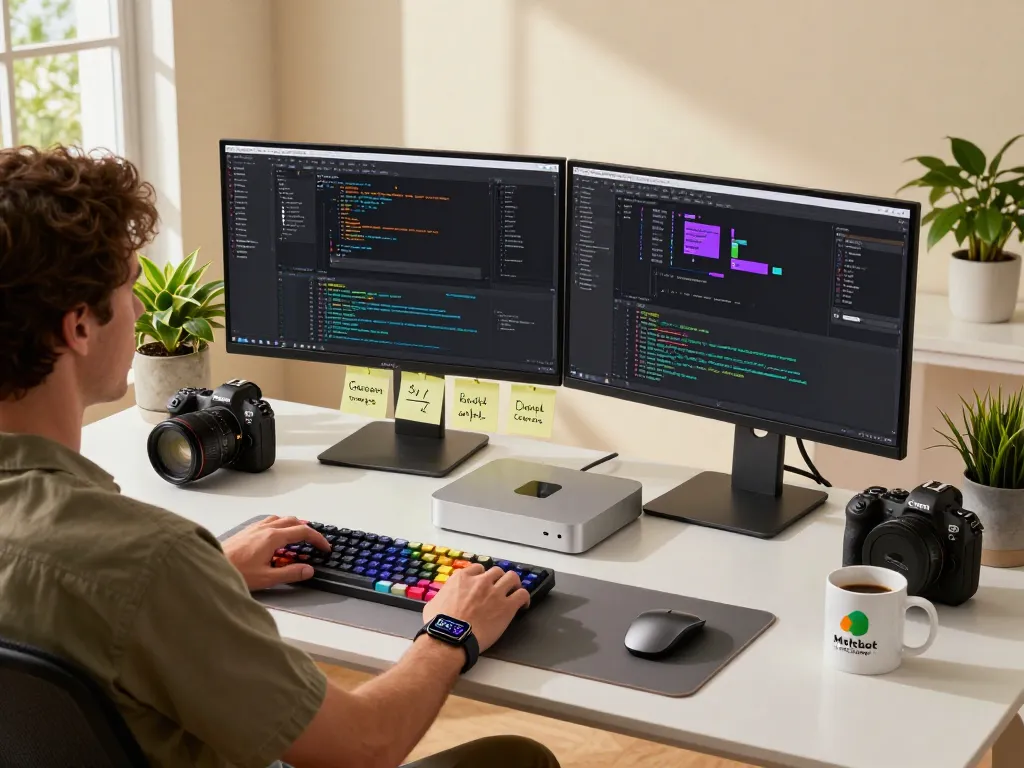 Dynamic tech workspace showcasing a developer using moltbot mac features, with coding screens and community vibes.