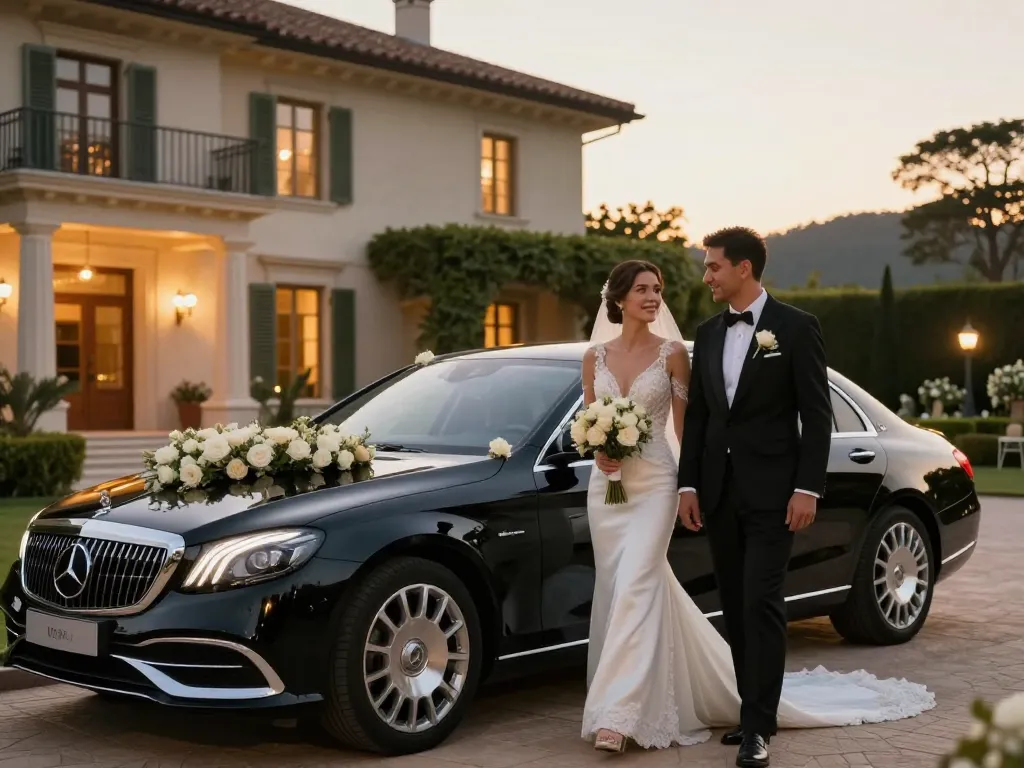 Thuê một chiếc xe Mercedes sang trọng cho đám cưới, thể hiện sự tinh tế và lãng mạn.