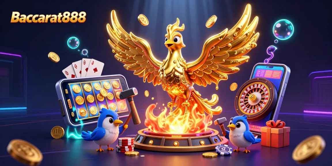 Baccarat888 players enjoying a vibrant 3D casino scene with a golden phoenix and game elements
