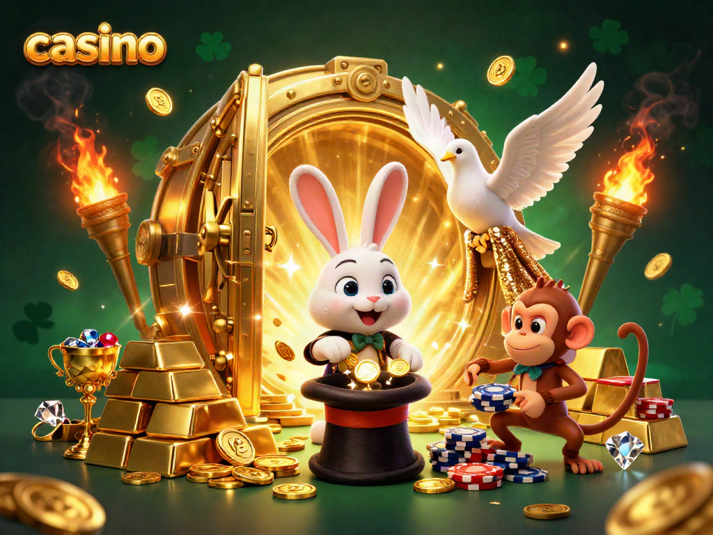 Experience the thrill of casino magic with a rabbit magician, sparkling coins, and a playful monkey stealing poker chips.