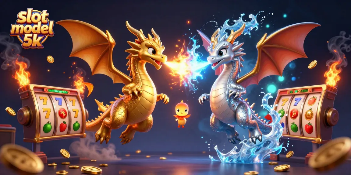 Engage with slot modal 5k through an animated scene featuring vibrant dragons and spinning slot reels.