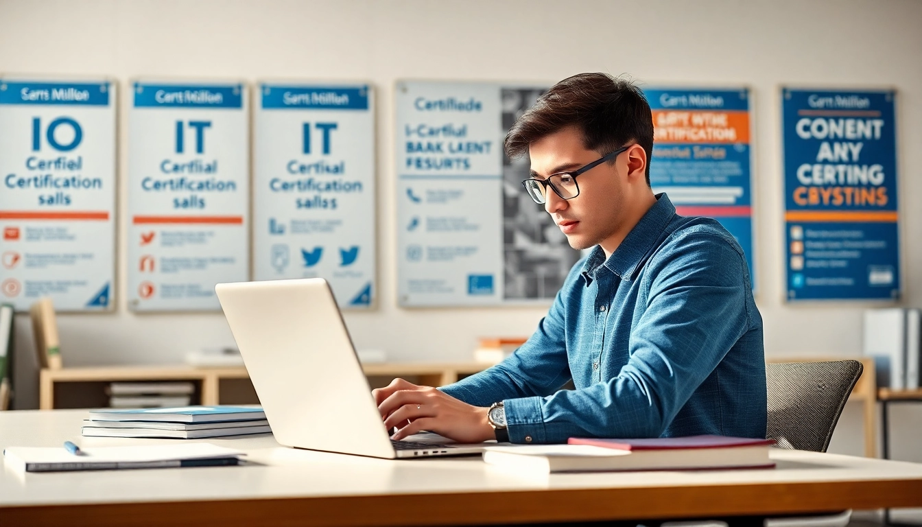 Focused student preparing to pass IT certification exams at a sleek desk.