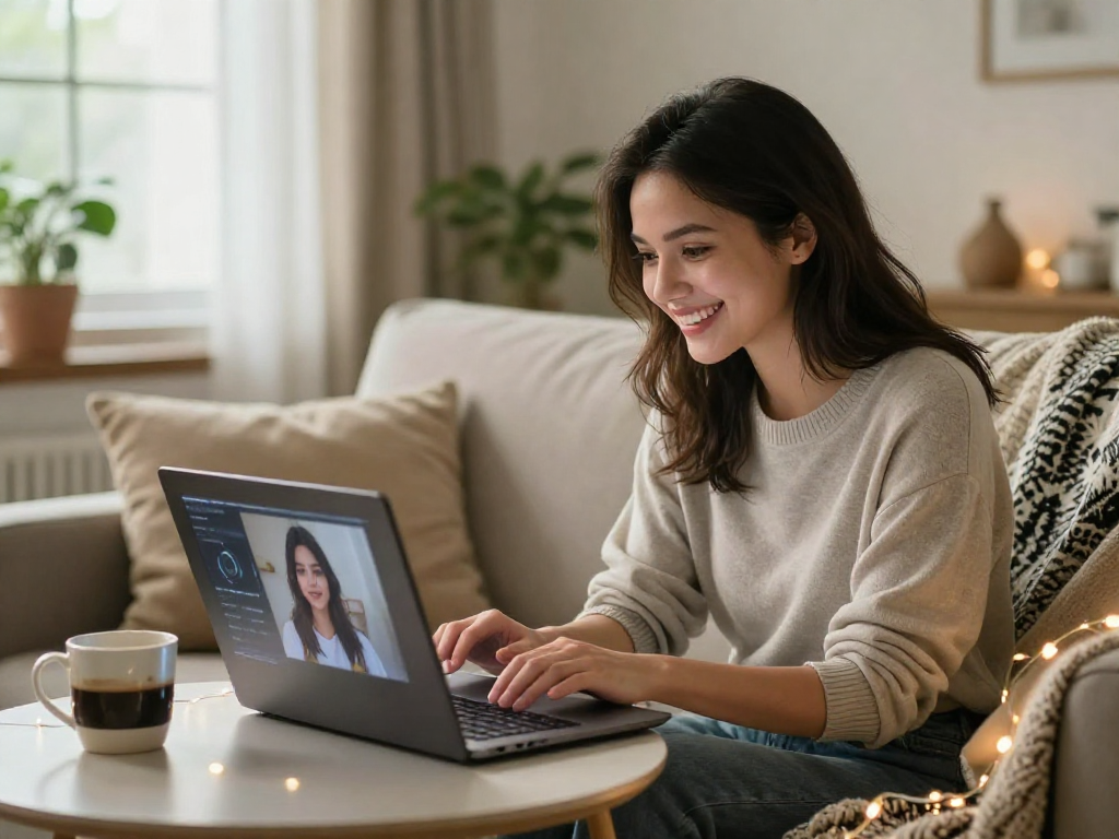 girlfriend ai interface on laptop capturing connection in a cozy home setting