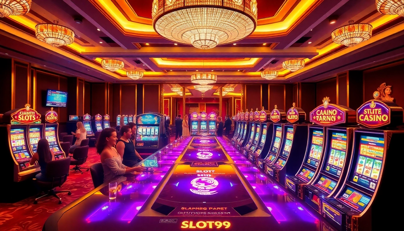 SLOT99 casino scene featuring players enjoying luxurious slot machines, illuminated ambiance, and vibrant excitement