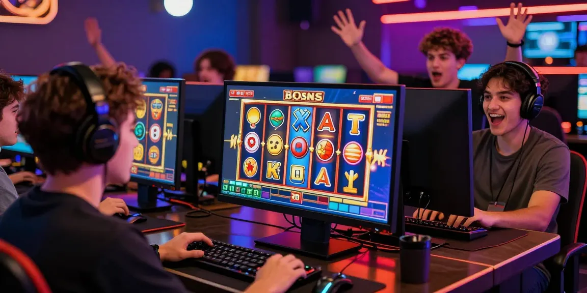 Player thrilled by bonus buy slots on computer screen, gaming accessories and friends in a vibrant online casino setup.