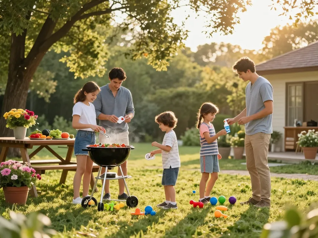 Family using the best mosquito repellent during a summer barbecue in their backyard.