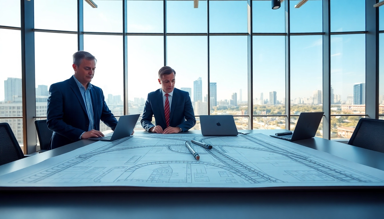 Railroad Design Consultants reviewing blueprints in a modern office setting, illustrating collaboration.