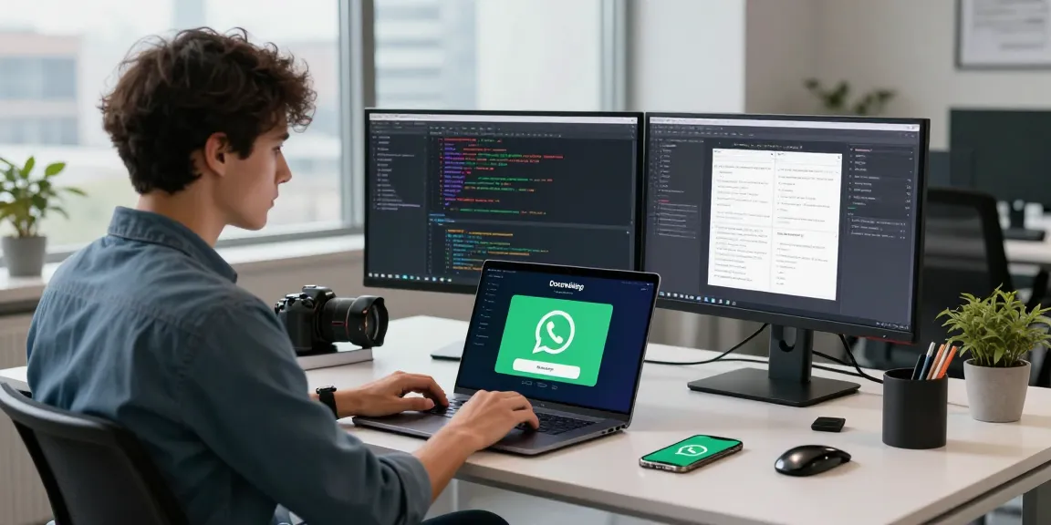 WhatsApp下載 on a modern laptop in a tech workspace, showcasing a vibrant app design.