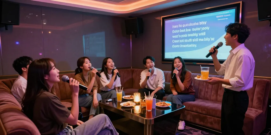 강남가라오케에서 즐거운 시간을 보내는 친구들, 화려한 조명과 편안한 소파를 배경으로 하는 모습