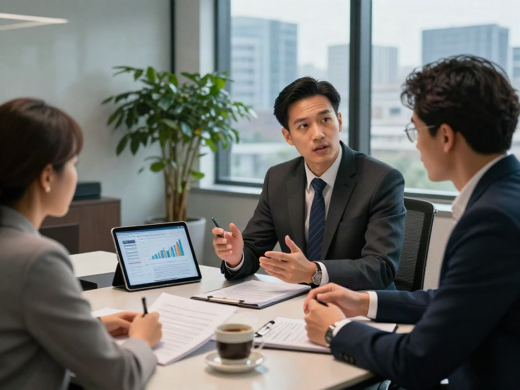소액결제현금화에 대한 전문가와 상담하는 모습, 현대적 사무실에서의 금융 상담 장면