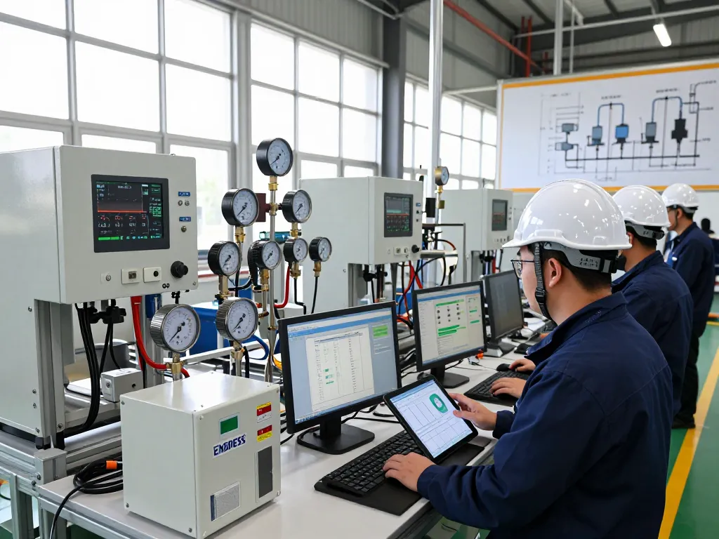 Engineer inspecting Endress Hauser measurement instruments in a modern industrial facility, showcasing automation technology.