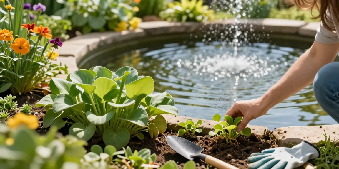 Marginal Pond Plants being planted alongside a serene garden pond, surrounded by lush greenery and flowers.