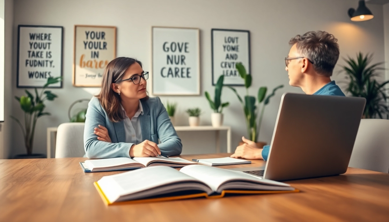 Engaging Career coaching session between a coach and client in a bright office.