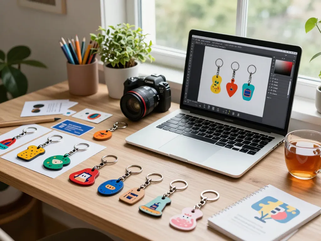 Custom keychains displayed in a cozy home office environment highlighting creative design elements and workspace.