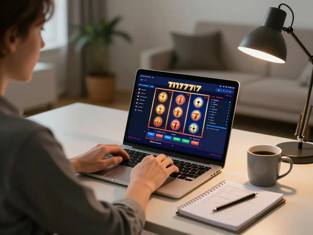 Engaging gameplay on slot777 online interface displayed on a laptop in a cozy home office.