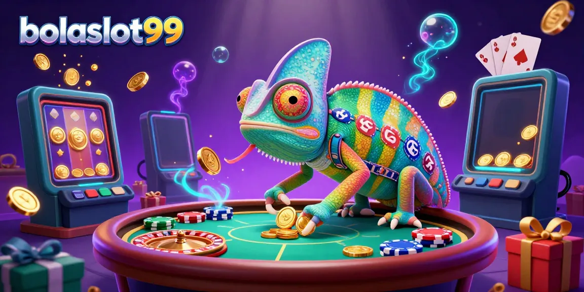 Bolaslot99 chameleon casino owner interacts with a vibrant gambling scene featuring smartphones, slot games, and poker elements.