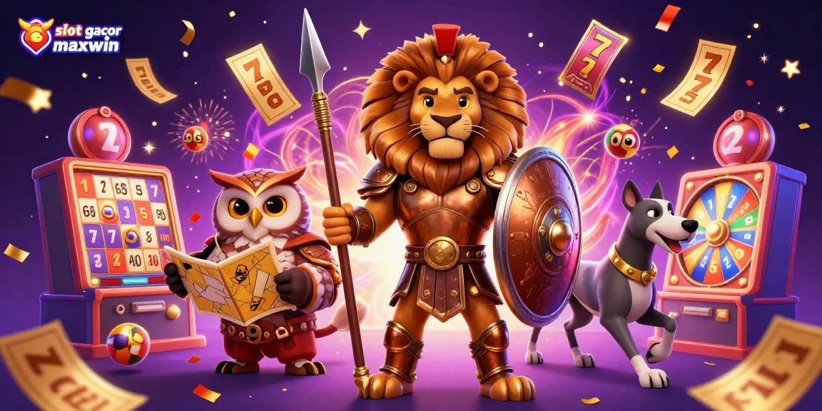 Engage with slot gacor maxwin opportunities through an epic scene featuring a Spartan lion, an owl strategist, and a swift greyhound amidst colorful casino elements.